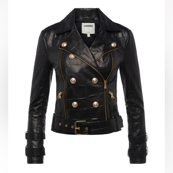 L'AGENCE Jackets & Blazers - L’AGENCE Billie Black Croc Embossed Leather Double Breasted Moto Jacket